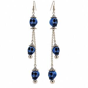 Blue Skull Dangle Earrings Silver Tone Halloween Gothic 5" Long
